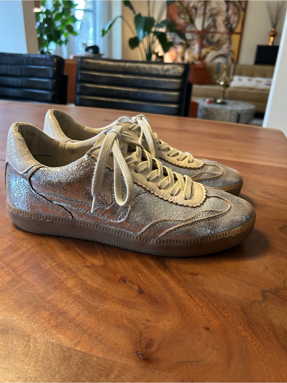 Metallic Beige leather Lace-Up Sneakers